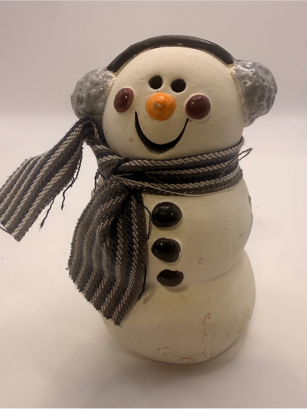 Small Snowman Figurine with earmuffs winter holiday Christmas Home Decor